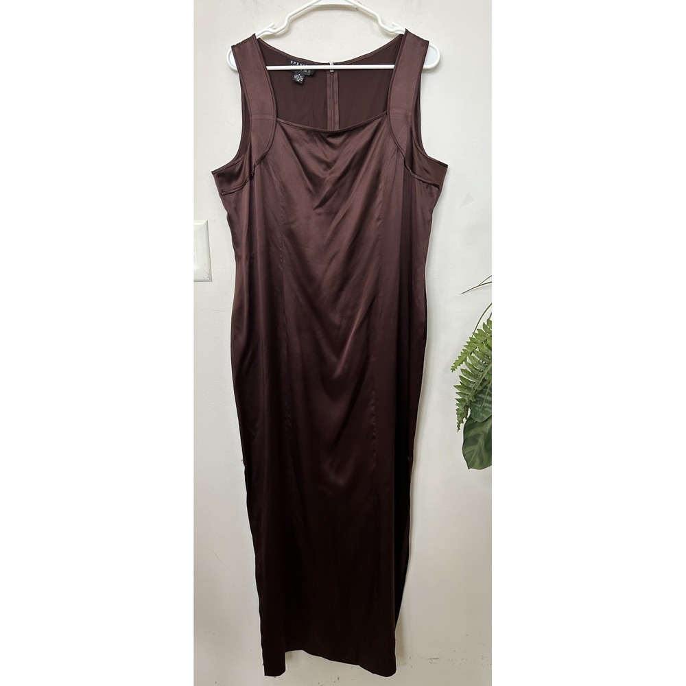Vtg Spenser Jeremy 100% Silk Slip Minimalist Dress Brown Side Slit Y2K Size 16